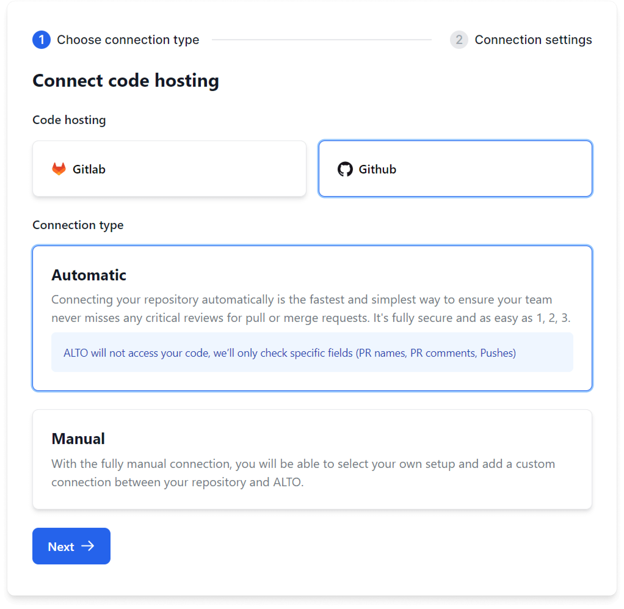 ALTO Connect code hosting wizard