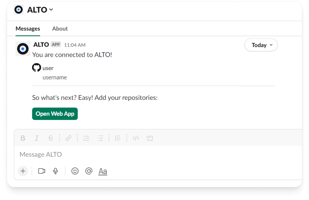 ALTO Select code hosting screen in Slack