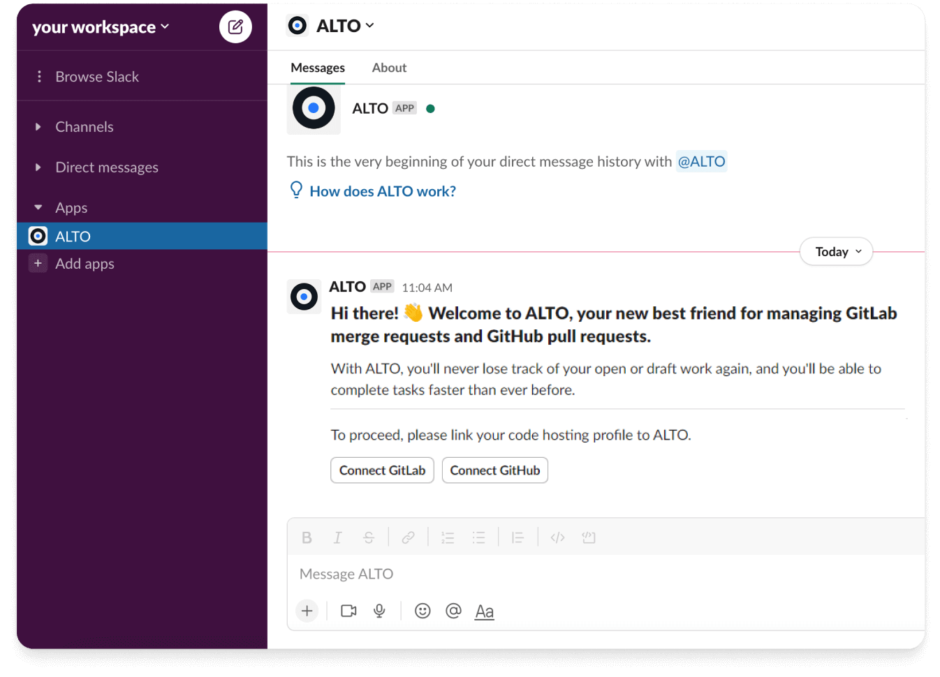 ALTO Welcome screen in Slack